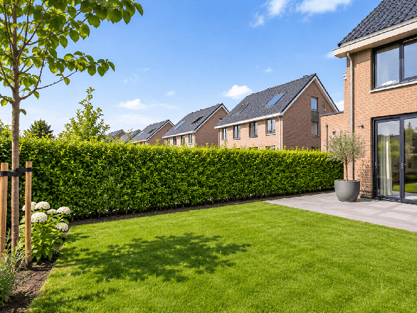 Kant-en-klare groene haag bij een nieuwbouwwoning, voor directe privacy in een nieuw aangelegde tuin