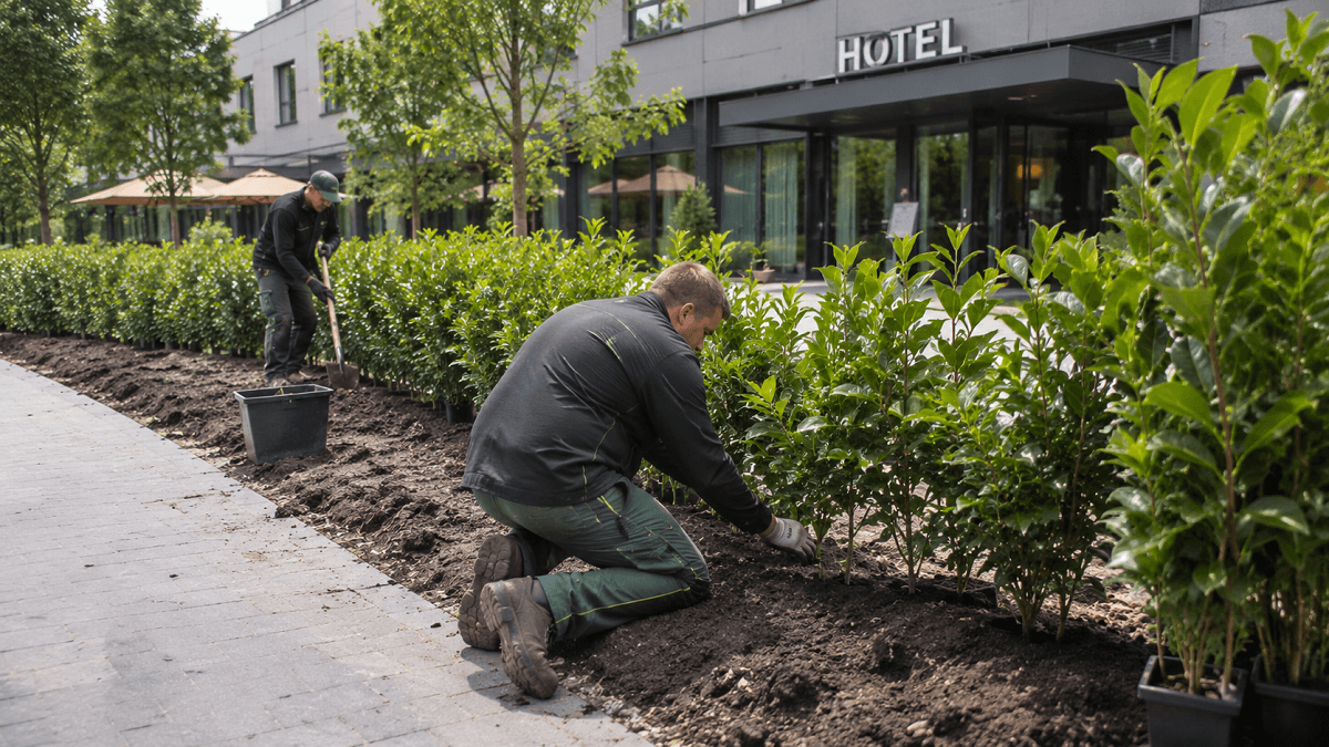Professionele hoveniers planten grote aantallen haagplanten aan bij een hotel voor een zakelijk groenproject